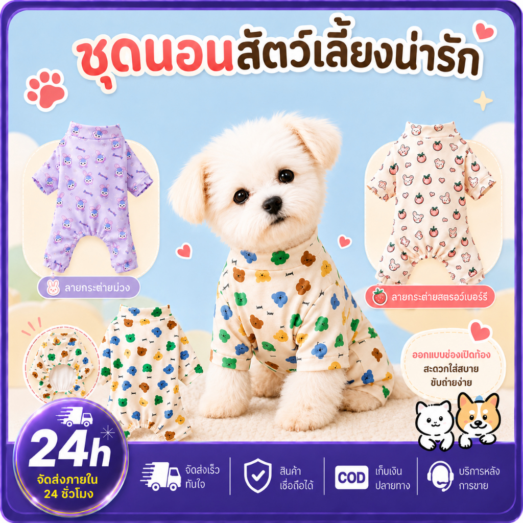 PETWELL ชุดนอนสัตว์เลี้ยง ชุดนอนนุ่มๆ พร้อมลายน่ารัก เสื้อผ้าสัตว์เลี้ยงสำหรับแมวและสุนัข XS-XL