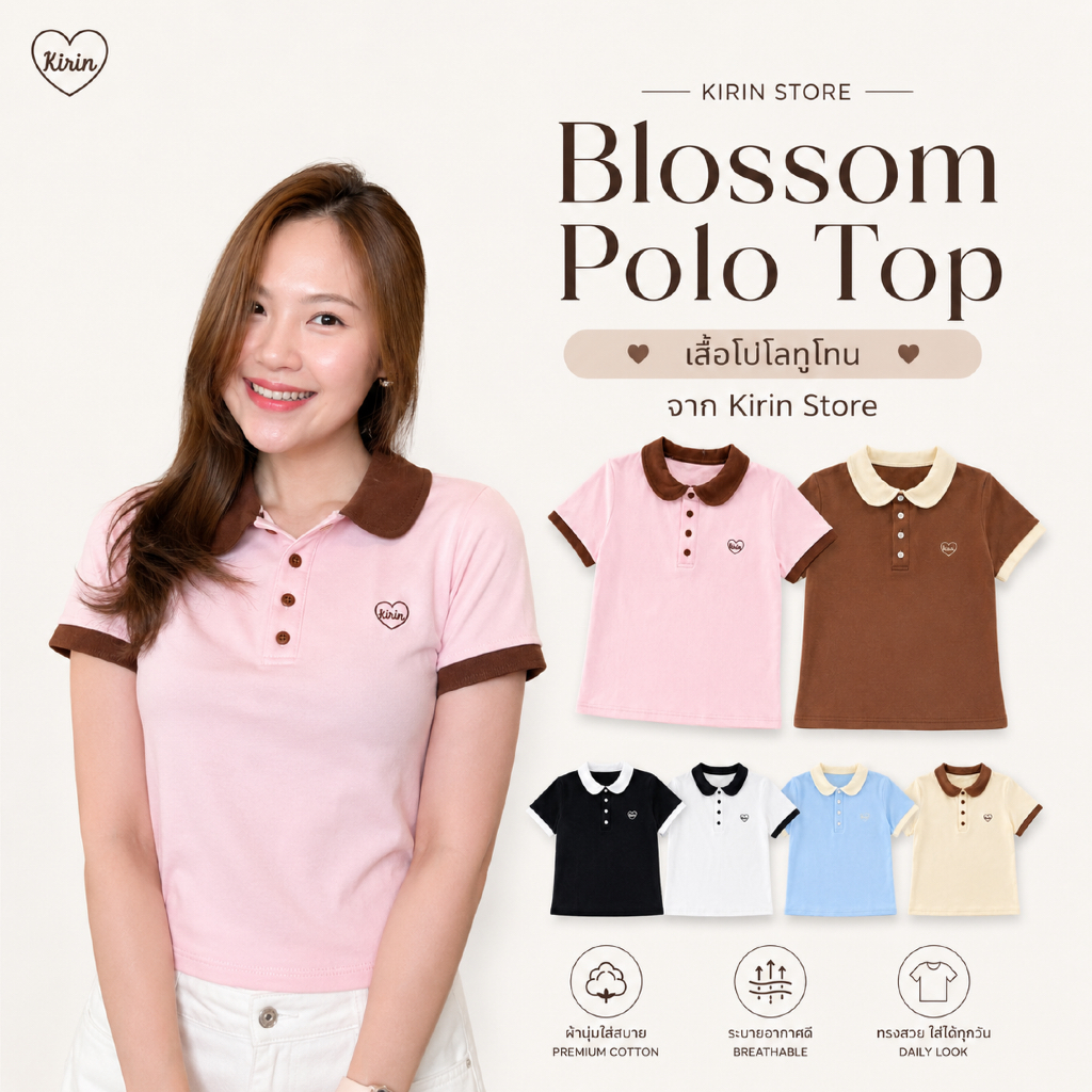 Blossom Polo Top เสื้อโปโลทูโทน คอบัว แขนสั้น ปักหัวใจ ผ้าคอตตอนยูนิ
