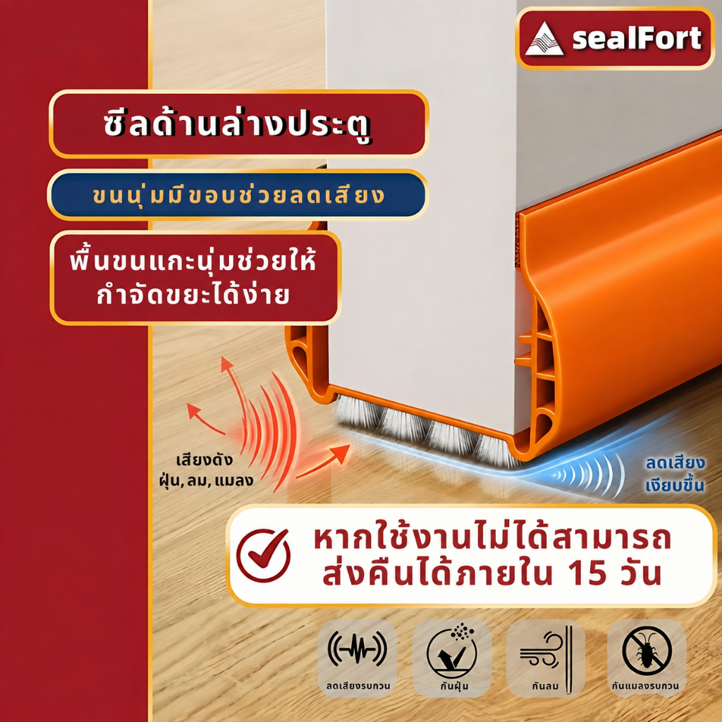 SealFort แถบอุดรอยรั่วประตูแบบสอด แปรงขนหนา ปิดผนึกรอยรั่วสนิท เช็ดล้างได้ ป้องกันแมลงสาบเข้าบ้าน