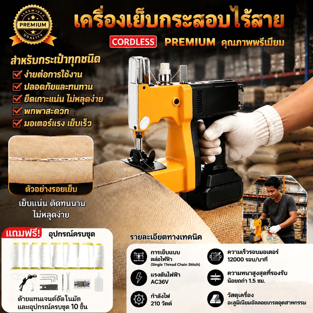 จักรเย็บกระสอบ เครื่องเย็บกระสอบ แบตเตอรี่ลิเธียม จักรเย็บกระสอบไร้สาย 13000 เข็ม/นาที 0.2-10มม มอเตอร์ทองแดงล้วน