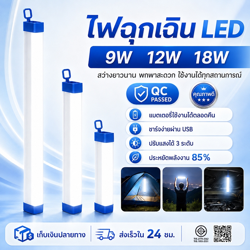 หลอดไฟ LED ไร้สาย 3 โหมด ไฟฉุกเฉิน ชาร์จ USB ติดกำแพง แขวนได้ ไฟพกพา สำหรับใช้ฉุกเฉินกลางคืน
