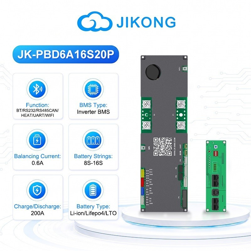 JiKong V22 บอร์ด BMS แบตเตอรี่ลิเธียม สมดุลแอคทีฟ 0.6A รองรับสูงสุด 20S Bluetooth สำหรับระบบแรงดันสูง 60V 72V โซล่าเซลล์