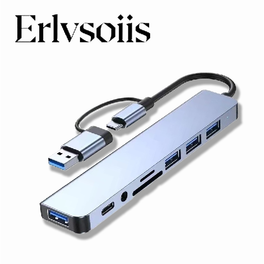 Erlvsoiis ฮับ 8‑in‑1 USB+Type‑C USB3.0 ช่องอ่านการ์ด SD/TF ช่องหูฟัง 3.5 มิล สำหรับแล็ปท็อป มือถือ