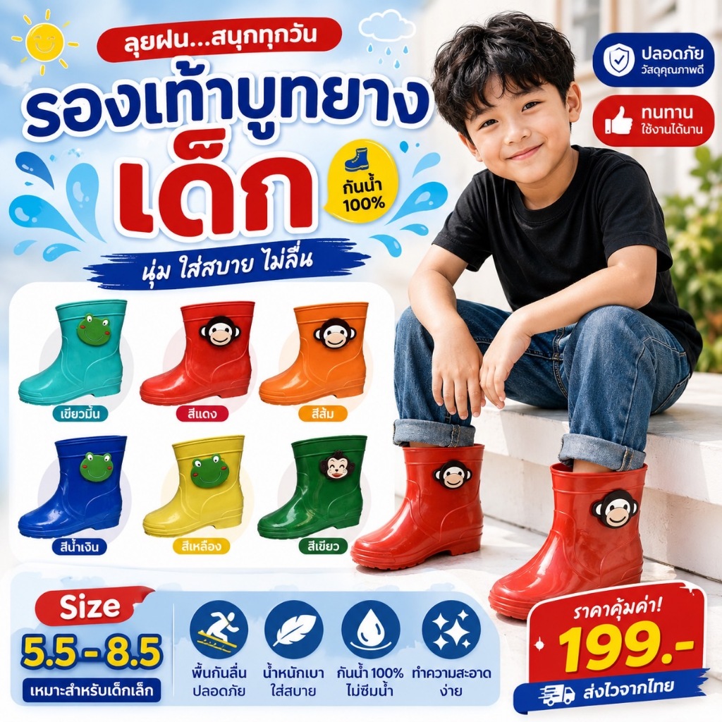 สินค้าพร้อมส่ง✔ รองเท้าบูทเด็ก Prado Gang สีสันสดใส น่ารัก บูทเด็ก บูทกันน้ำ กันน้ำ ลายการ์ตูน