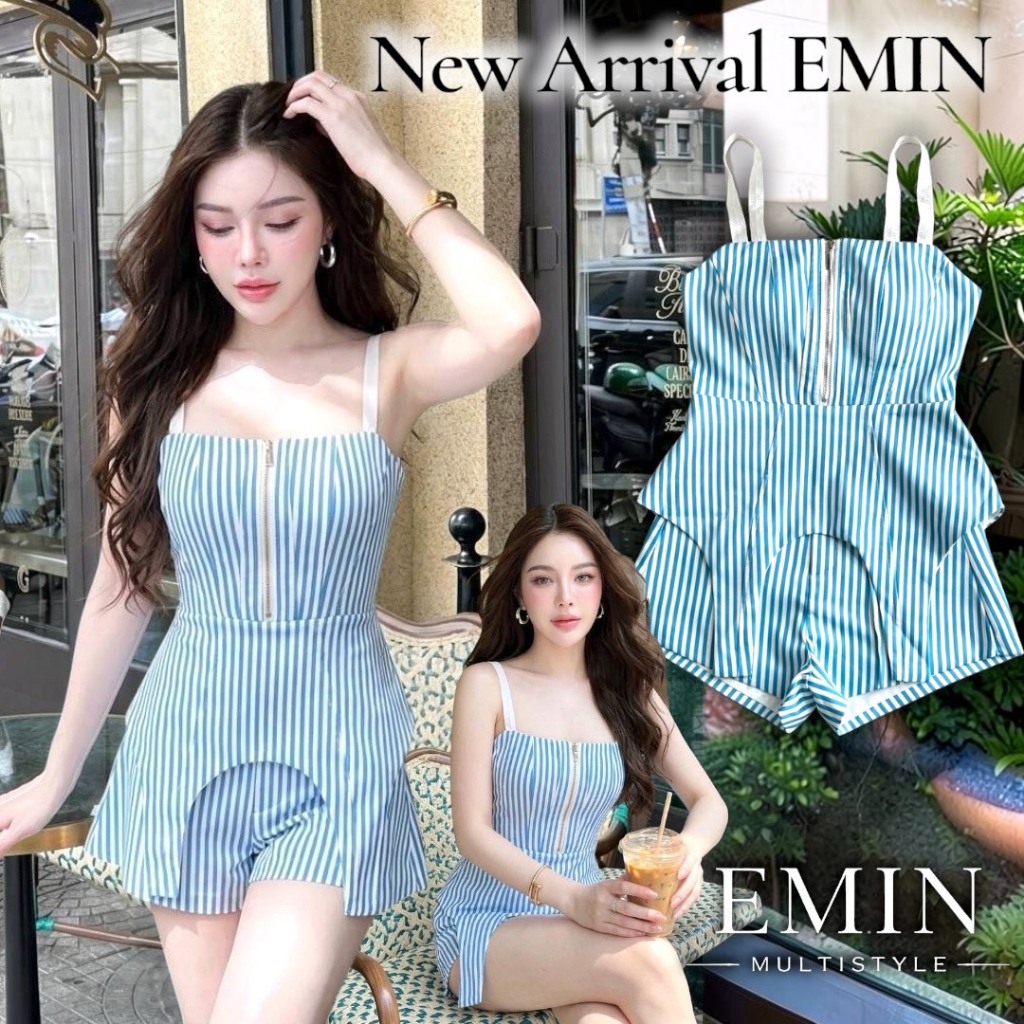 EMIN EF111 Setเซต  เสื้อสายเดี่ยวสีฟ้าลายทางตรง
