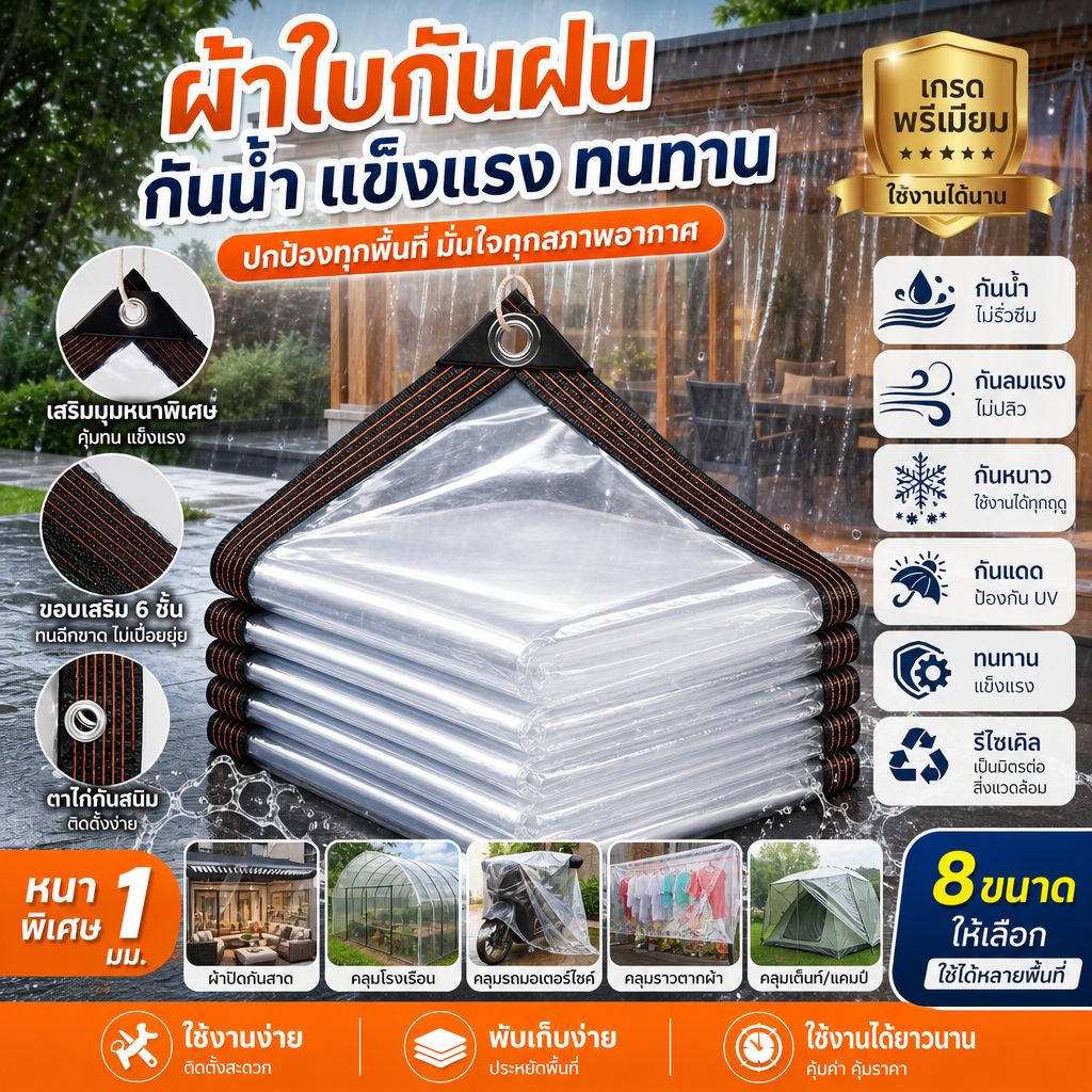 ผ้าใบใสกันฝน ผ้าใบ PVC หน้ากว้าง 1-3 ม. เจาะตาไก่รอบ เหนียว ทน แข็งแรง