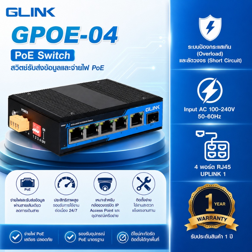 GLINK รุ่น GPOE-04 Gigabit POE Switch 4 ช่อง (รองรับความเร็ว 10 / 100 / 1000 Mbps)