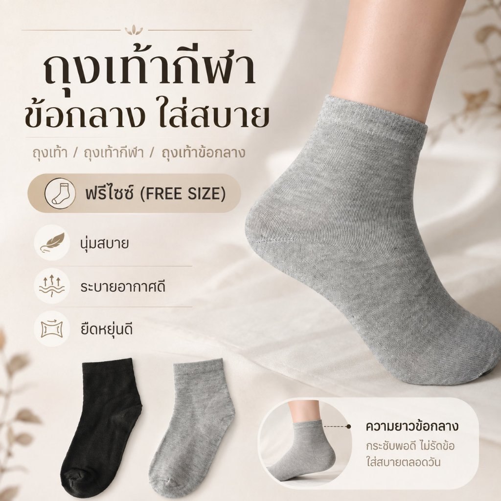 ถุงเท้ากีฬา ข้อกลาง ฟรีไซซ์ ผ้านุ่ม ระบายอากาศดี ยืดหยุ่น ใส่สบาย ใส่ได้ทุกวัน สีดำ/สีเทา