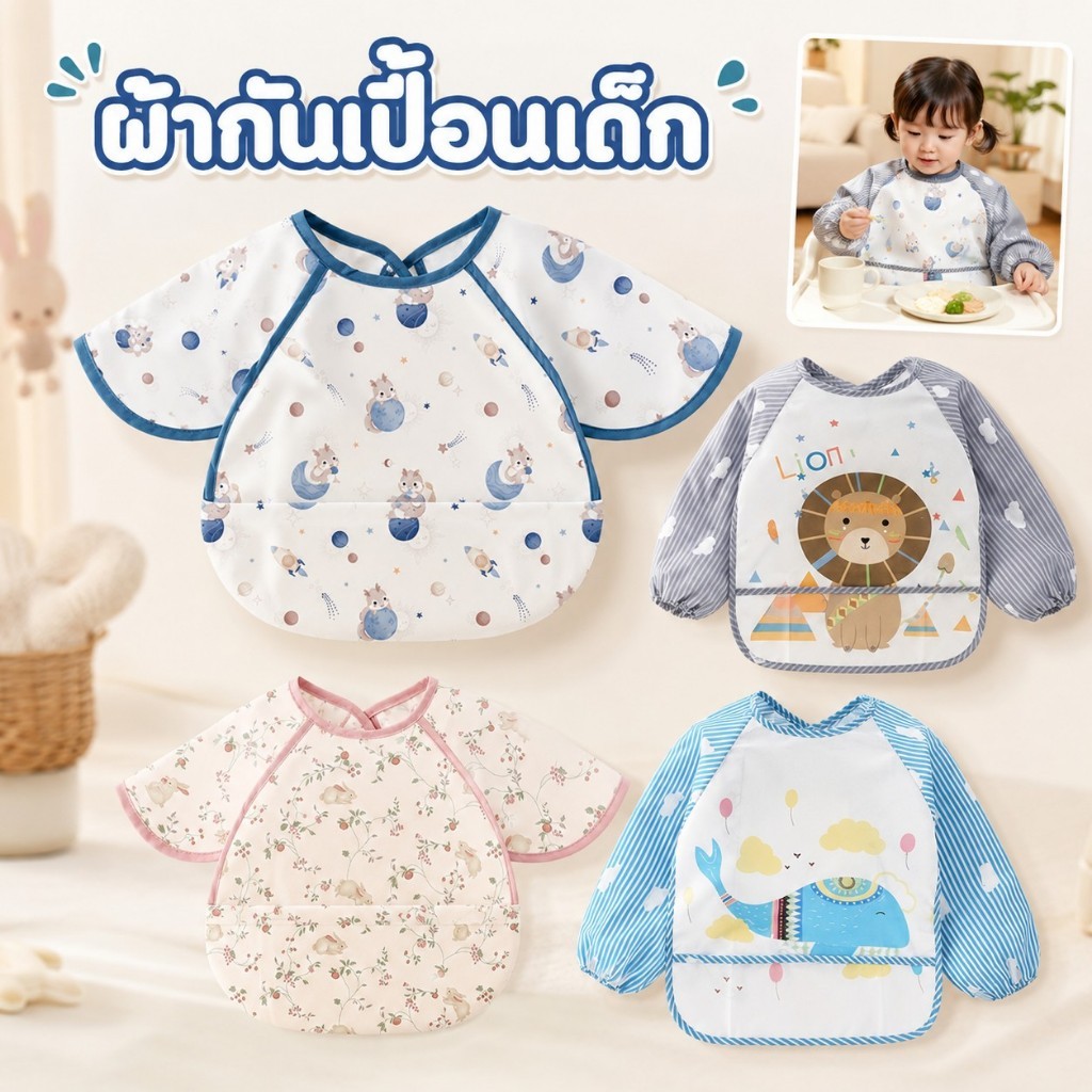 ผ้ากันเปื้อนเด็กกันน้ำ 3D มีกระเป๋าหน้า กันเปื้อน ใส่สบาย ปลอดภัย ล้างง่าย ใช้กินข้าว-วาดรูป-ทำอาหารเล่น