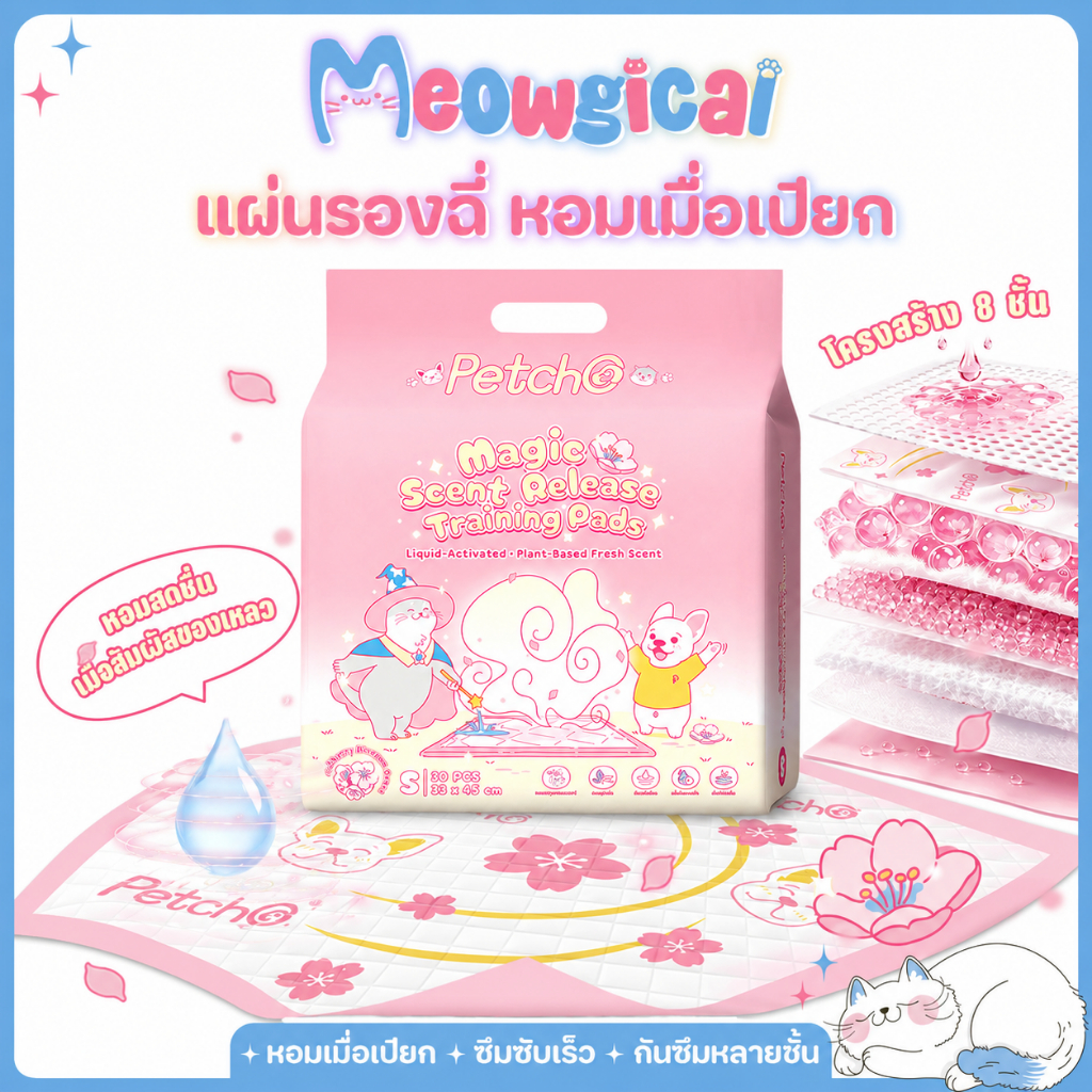 Meowgical×Petcho🌸แผ่นรองฉี่สุนัข แผ่นรองฉี่สัตว์เลี้ยง 8 ชั้น ซึมซับเร็ว กันรั่ว ปล่อยกลิ่นหอมเมื่อเปียก Magic Pet Pad
