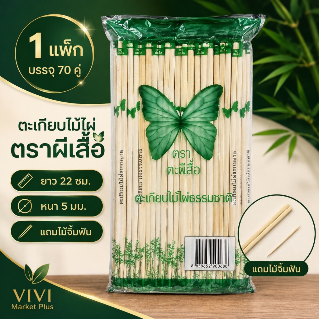 ตะเกียบไม้ตราผีเสื้อ 70คู่ แพ็คซอง ผ่านการฆ่าเชื้อ สะอาด ใช้ร้านอาหาร เดลิเวอรี่ อุปกรณ์ครัว ใช้งานสะดวก พร้อมส่ง