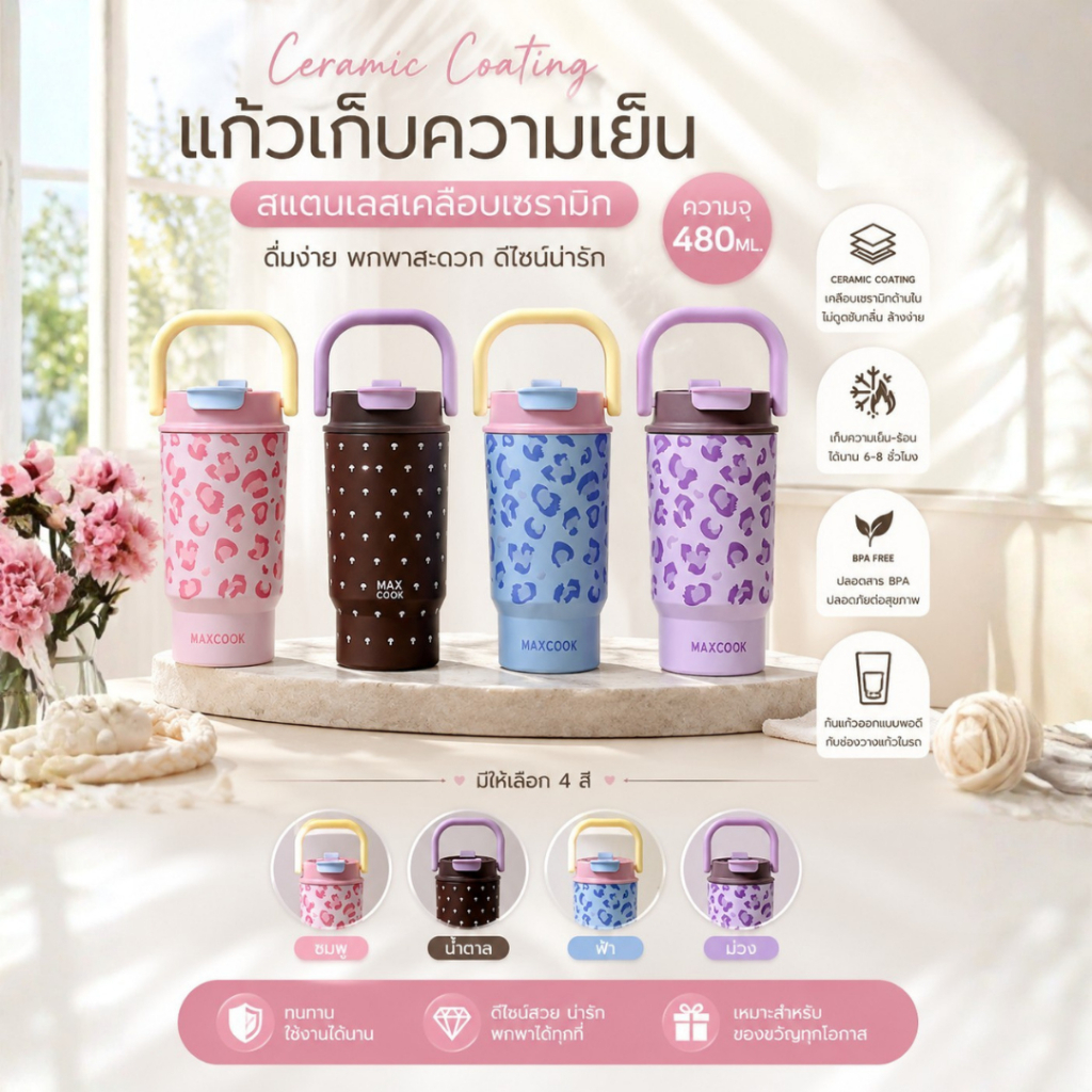 แก้วเก็บอุณหภูมิ สแตนเลส SUS316 เคลือบเซรามิก ความจุ 480ML.