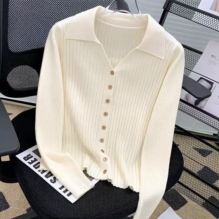 เสื้อคาร์ดิแกนถักแขนยาวสำหรับผู้หญิง มีปก ทรงเข้ารูป เสื้อคลุม