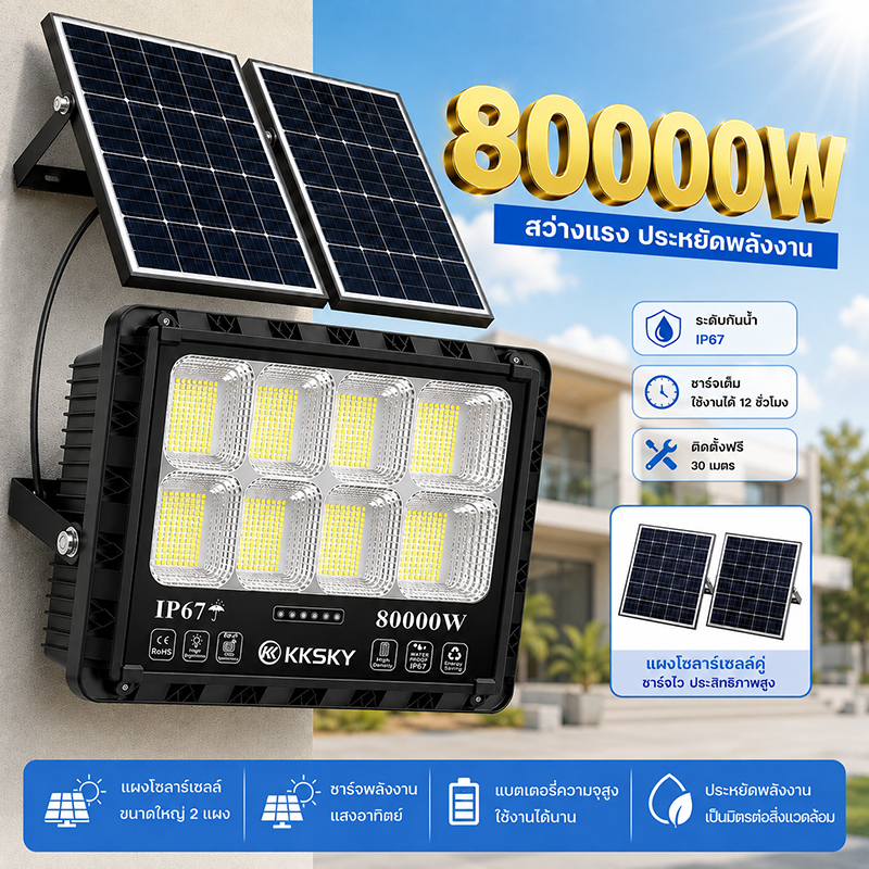 KUGOO【รับประกัน30ปี】ไฟโซล่าเซลล์ 80000W ไฟสปอร์ตไลท์ กำลังสูง Solar Light IP67 ติดตั้งง่าย พร้อมรีโมท แสงสีขาว