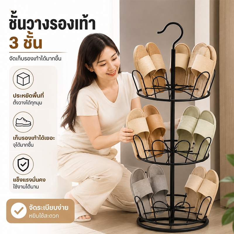 ชั้นวางรองเท้าประหยัดพื้นที่ 3 ชั้น ที่ตากรองเท้าแบบหมุน โครงเหล็กแข็งแรง ถอดประกอบง่าย ชั้นวางรองเท้าทรงกลม