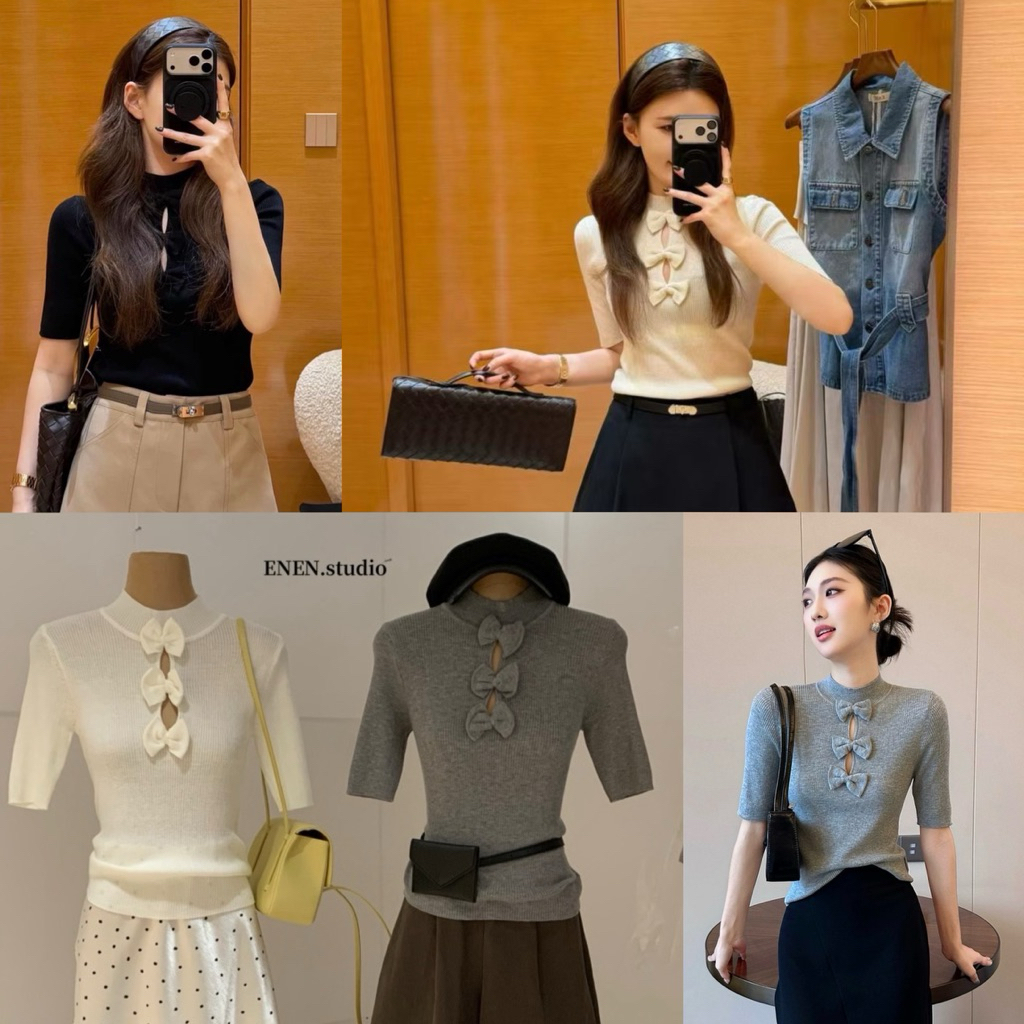 10856# เสื้อไหมพรมแขนสามส่วนแต่งโบว์นูน เนื้อผ้าดี งานสวย TAG:WG.WE