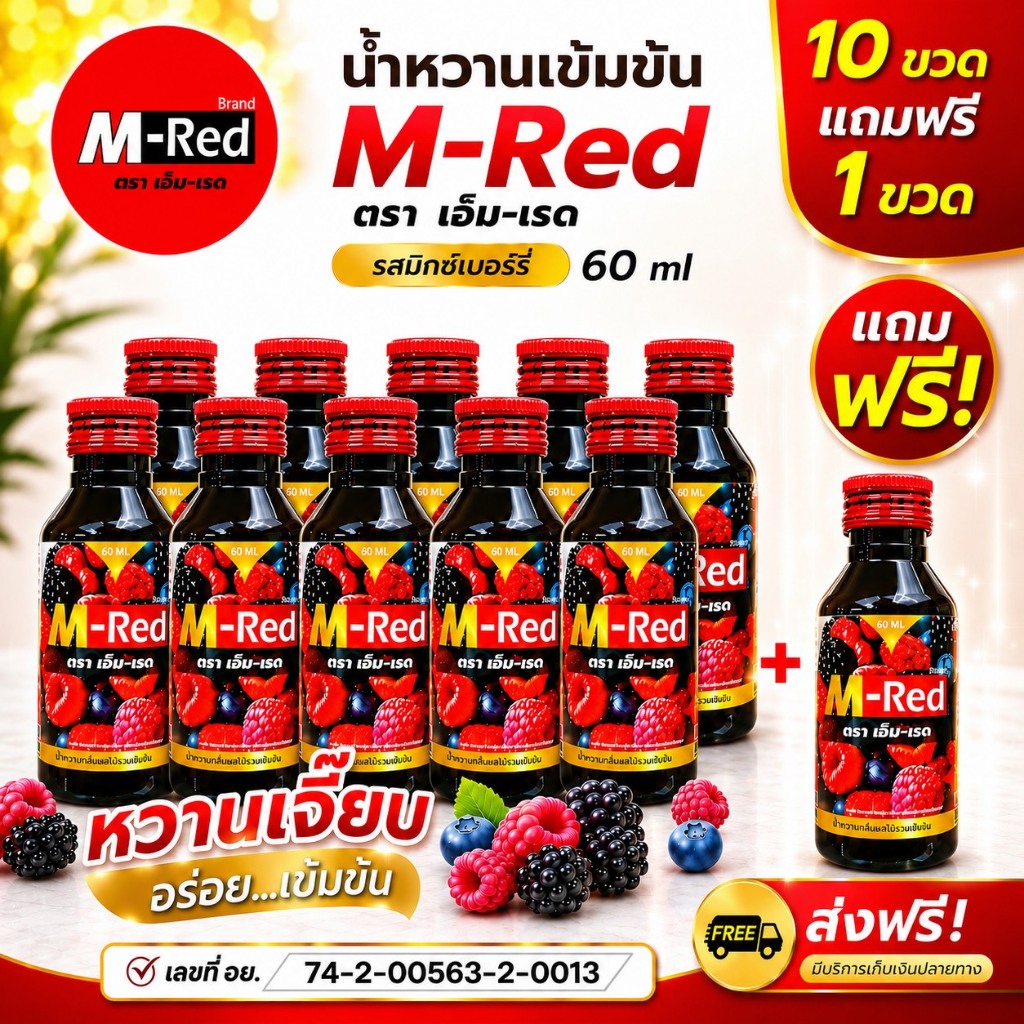 แพค 10 ขวด(แถม 1 ขวด) M- Red (เอ็ม-เรด) น้ำหวานกลิ่นผลไม้รวมเข้มข้น 60 ML รวม 11 ขวด ผสมท่อมได้