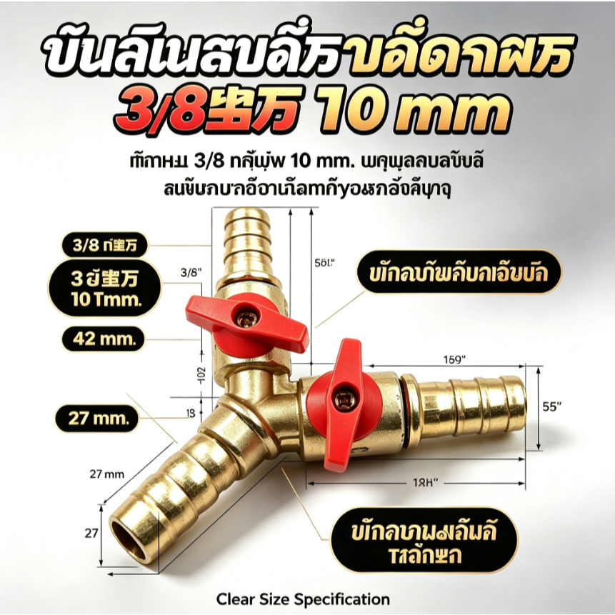 วาล์วทองเหลือง 3 ทาง สามทาง T-Type ขนาด 3/8 นิ้ว (10 มม.) บอลวาล์ว สำหรับน้ำมัน แก๊ส เชื้อเพลิง แข็งแรงทนทาน