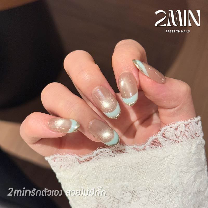 2minงานใหม่ เล็บปลอมสําเร็จรูป ทำด้วยมือ 10 ชิ้น/กล่อง แฮนด์เมด100% ลูกแก้ว French ปลายฟ้า สุดแกรม ใช้ซ้ำได้