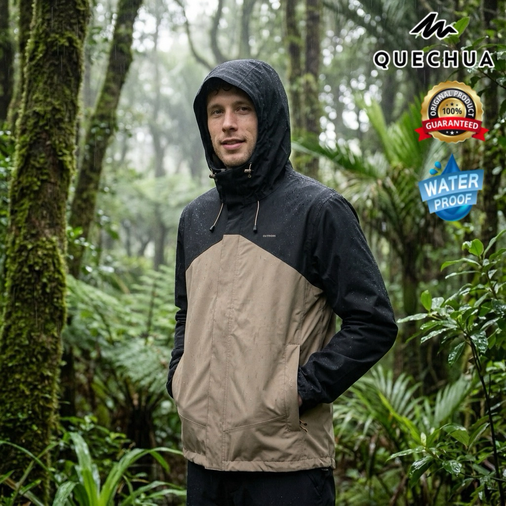 เสื้อแจ็คเก็ตเดินป่ากันฝน/กันน้ำสำหรับผู้ชาย รุ่น MH100 (สีดำ/เบจ) QUECHUA