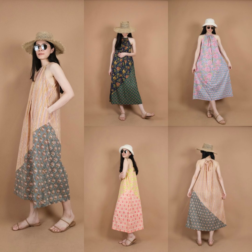 เดรส ลายปาดเฉียง ผ้าฝ้ายอินเดีย Tie Back Halter Neck Two-Tone Dress