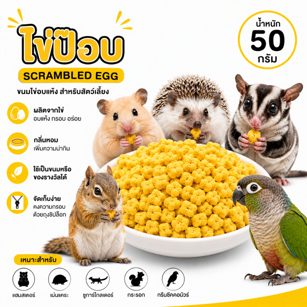 ไข่ป๊อบ ขนมแฮมสเตอร์ ขนมสัตว์เลี้ยง ขนมเม่นแคระ กระรอก ชูการ์ไกลเดอร์(แบ่งขาย 50 G.)