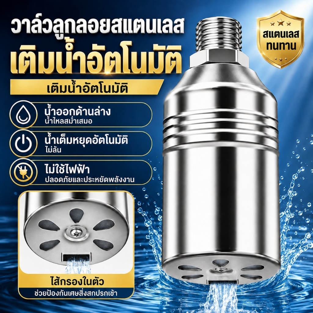 วาล์วลูกลอยสแตนเลส 304 ลูกลอยควบคุมน้ำอัตโนมัติ ปิดน้ำเมื่อน้ำเต็ม 1/2" 3/4" 1" ทนความร้อน