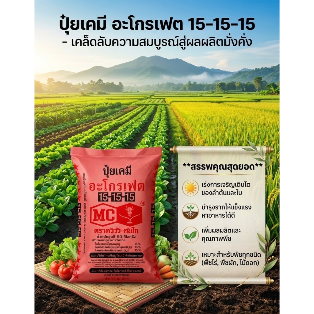 (1กระสอบ=50กิโล) ปุ๋ยเคมีสูตร 15-15-15 ตราหัววัว-คันไถ เป็นปุ๋ยสูตรเสมอที่มีธาตุอาหารหลัก N P K ครบ
