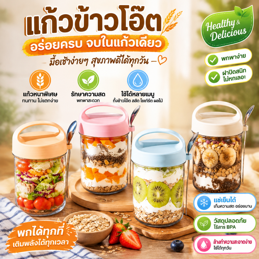 แก้วอาหารเช้า ถ้วยข้าวโอ๊ต 430 มล พร้อมฝาปิด พร้อมช้อนเก็บอาหารไม่มีกลิ่นติด ใช้ใส่โยเกิร์ต ข้าวโอ๊ต ผลไม้ และอื่นๆ ได้