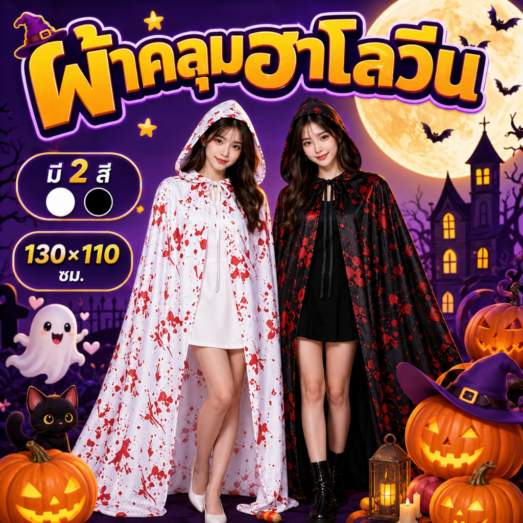 ผ้าคลุมฮาโลวีน มีฮู้ด ผ้าคลุมแวมไพร์ ลายเลือด 130x110 ซม Halloween ชุดแฟนซีคอสเพลย์ แม่มด แวมไพร์ สีดำ สีขาว