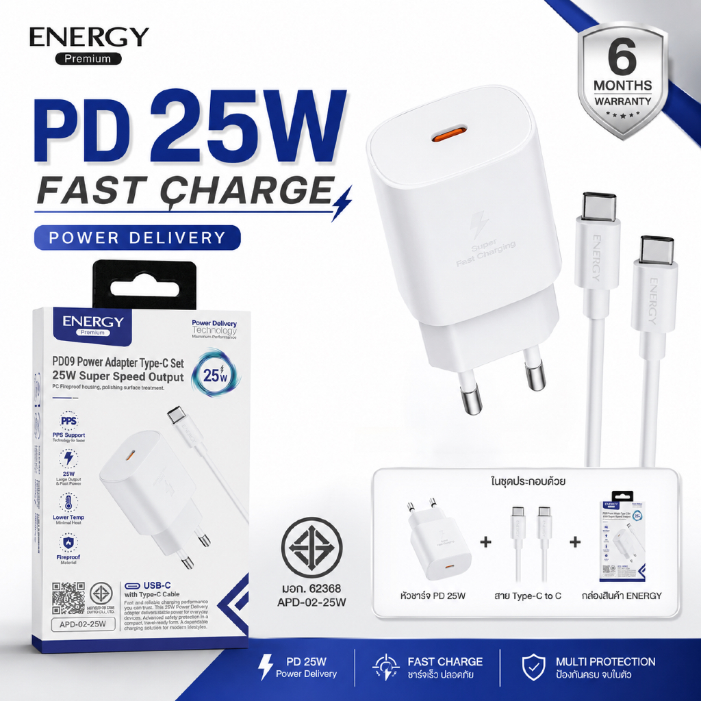 ชุดชาร์จ 25W ENERGY Premium PD ชาร์จเร็ว USB-C + สาย Type-C to C / C to Lightning มอก.