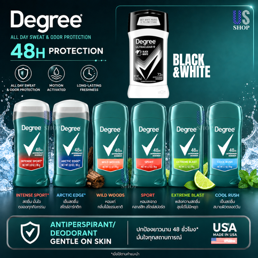 Degree Men UltraClear Black+White Antiperspirant Deodorant Stick 76g และ 85g โรลออนระงับกลิ่นกาย สำห
