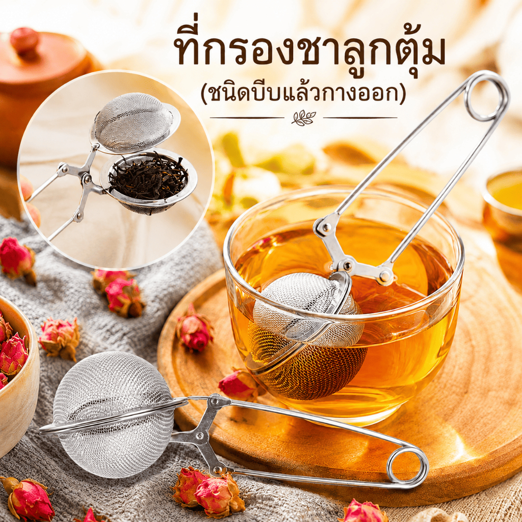 ที่กรองชาลูกตุ้ม ชนิดบีบแล้วกางออก(Stainless Steel) สแตนเลส304แท้ ใช้งานง่าย พกพาสดวก ไม่เป็นสนิม