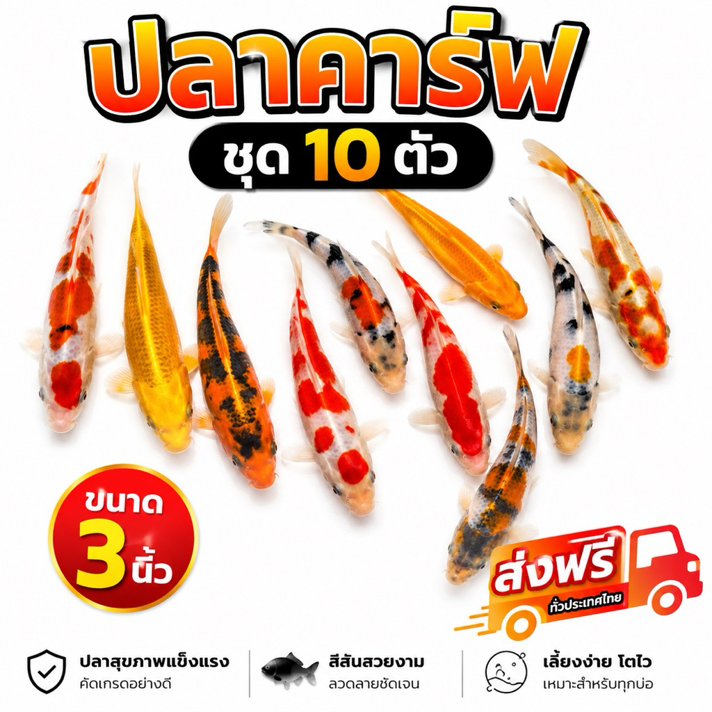 ปลาคาร์ฟ แฟนซี ลูกนอกขนาด 3 นิ้ว ชุด 10 ตัว สีสันสวยงาม คละสี
