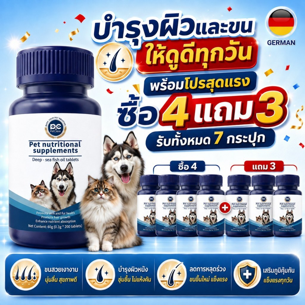 อาหารเสริมสุนัขแมว PetClear 200 เม็ด บำรุงผิวและขน ส่งเสริมการเจริญของเส้นขน ซื้อ 4 แถม 3