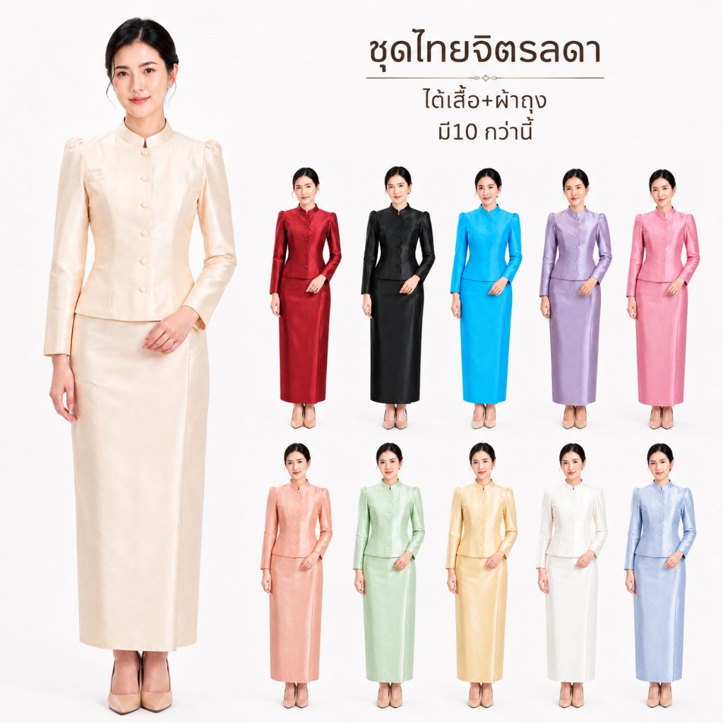 ชุดไทยจิตรลดา ไหมสี่เส้น(ผ้าเงา) (ขอเปลี่ยนไซร์ทักแชทแจ้ง) ได้เสื้อ+ผ้าถุง ชุดราชนิยม ผ้าไทย เสื้อคอจีน รหัส FF ศธ OK
