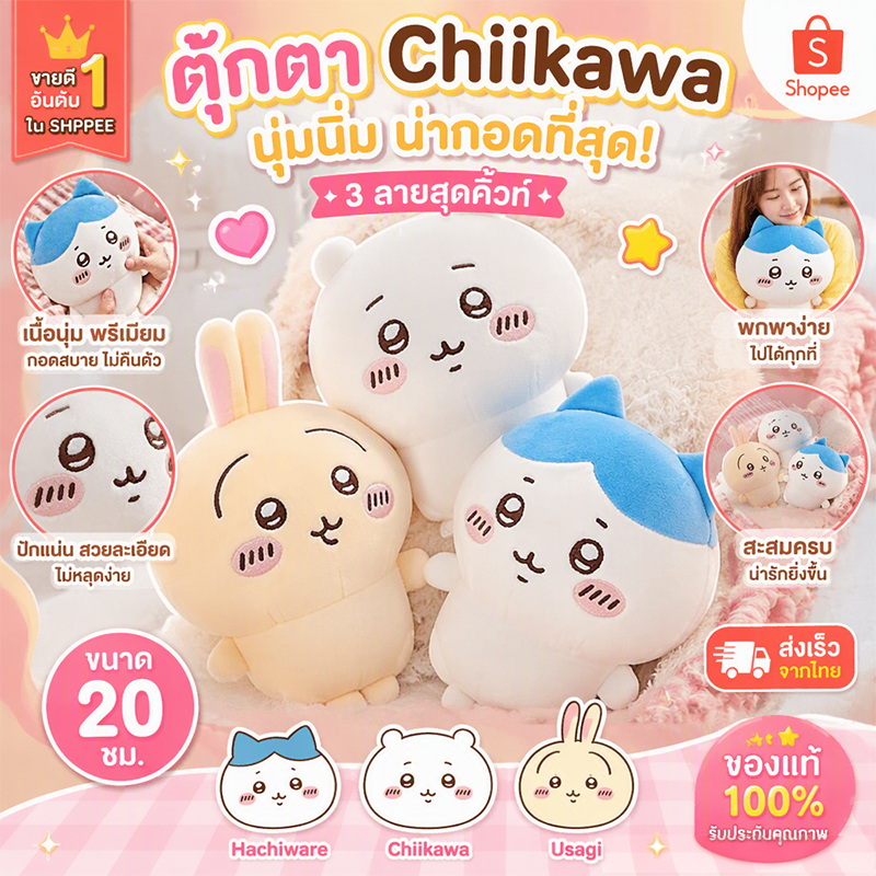 ตุ๊กตา Chiikawa Official ลิขสิทธิ์แท้ ขนาด 20 ซม. ผ้าฟลัฟฟี่เกรดพรีเมียม สัมผัสนุ่ม กอดสบาย