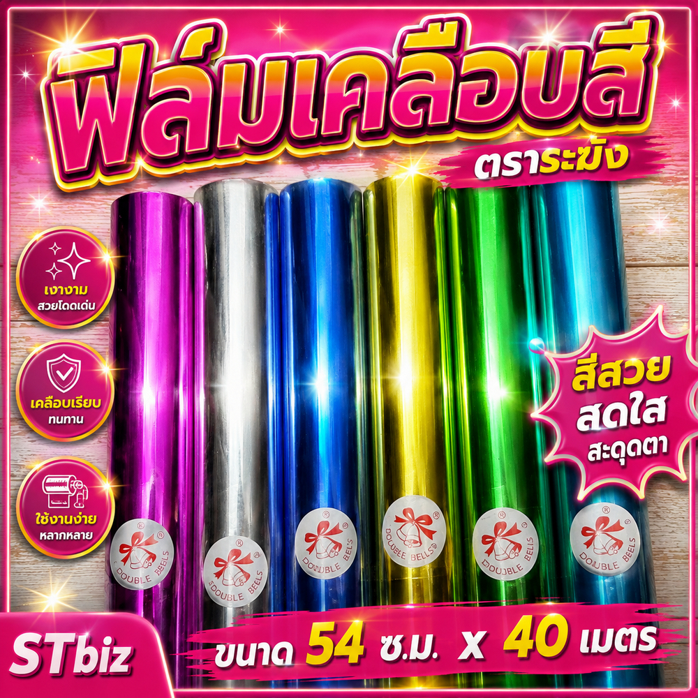 กระดาษฟอยล์เงาสีพื้น ห่อดอกไม้ ฟิล์มเคลือบสี ตราระฆัง ห่อช่อดอกไม้ ยกม้วน ขนาด 54 ซ.ม. X 40 เมตร