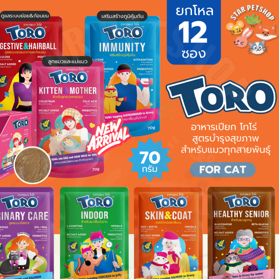 Toro Pouch โตโร่ อาหารเปียกแมว เสริมวิตามิน พรีไบโอติค เกรนฟรี สำหรับแมวทุกช่วงวัย ยกโหล (12 ซอง)