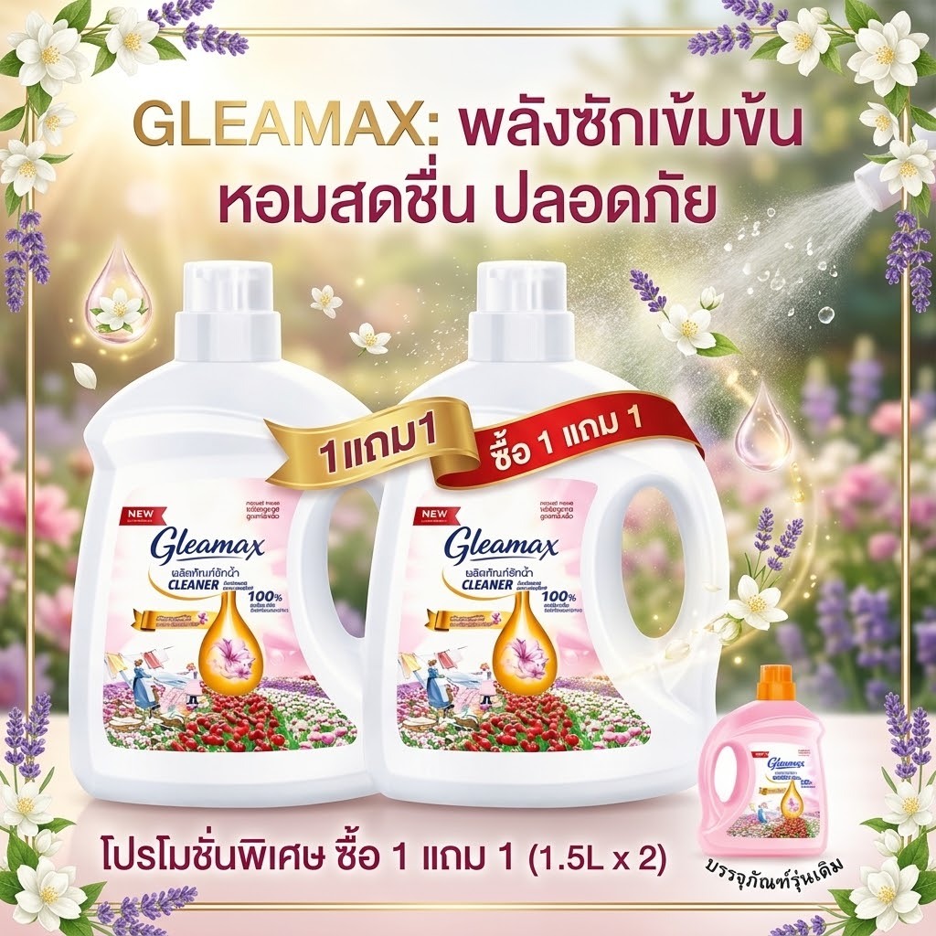 น้ำยาซักผ้าแกลอน 1 แถม 1 น้ำยาซักผ้า Gleamax 3500ml  | ผ้าหอมติดทน สะอาดเกลี้ยง