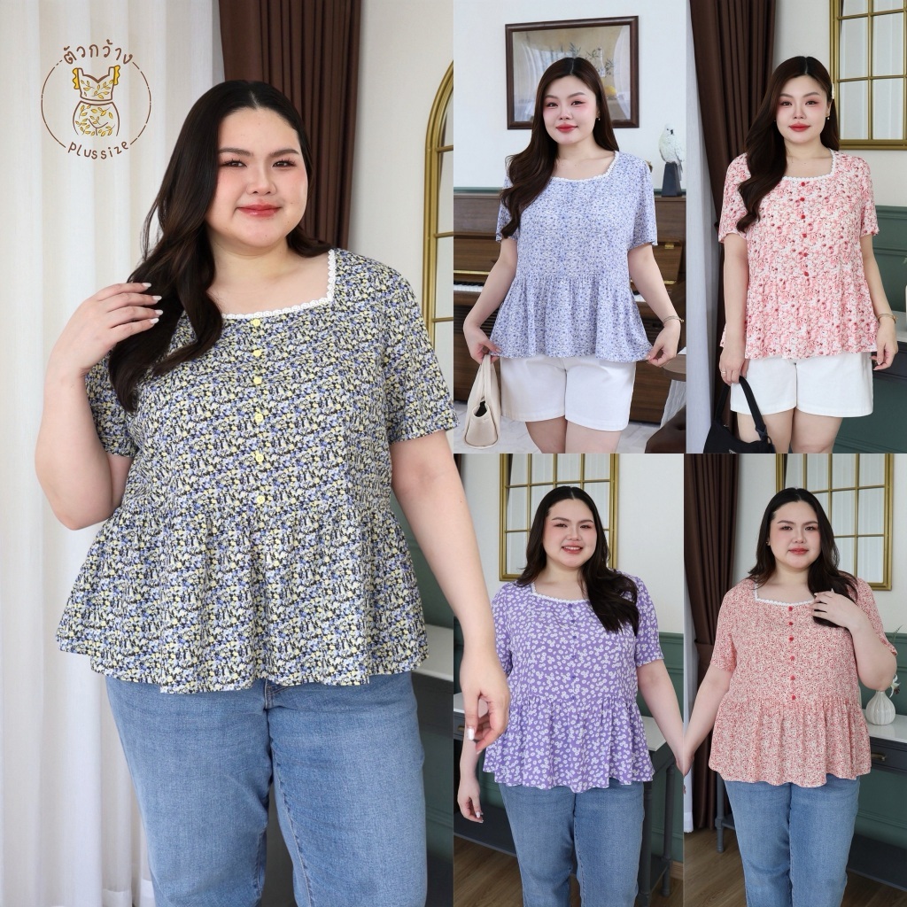 ตัวกว้างพลัสไซส์ เสื้อคอเหลี่ยมแต่งลูกไม้ ลายดอกสาวอวบ ผ้า Rayon เกาหลี พิมพ์ลาย ทรงน่ารัก ใส่สบาย S350-0337