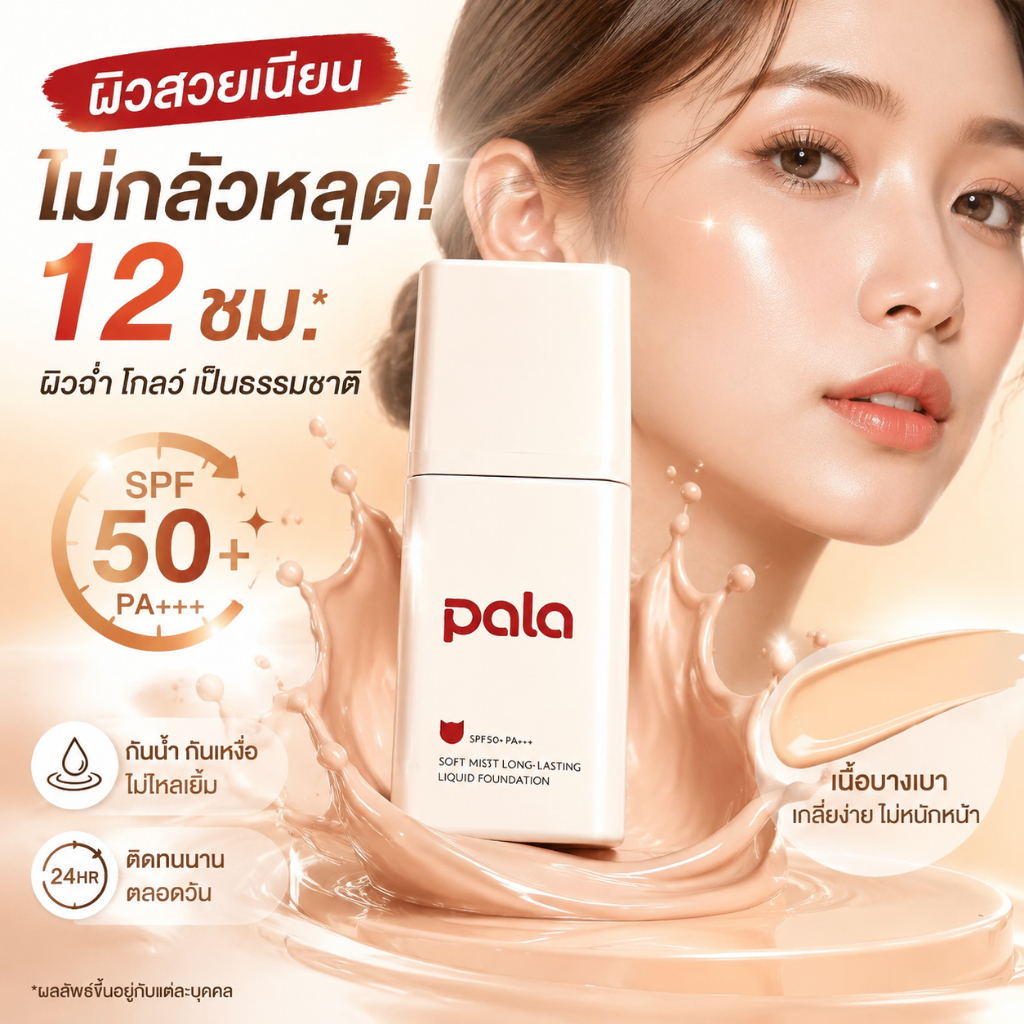PALA รองพื้น กันน้ำ เนื้อบางเบา รองพื้นสูตรน้ำผิวโกลว์ เนื้อแมตต์ละมุน ติดทนนาน SPF50+PA+++ เนื้อเบาบาง ให้การปกปิดที่ดี