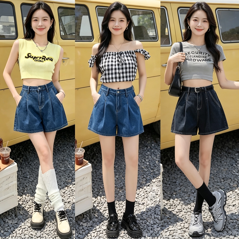 กางเกงขาสั้นยีนส์เอวสูง ทรงเอ ปิดสะโพก ทรงหลวม วินเทจ ใส่สบาย ส่งจากคลังไทย#T47