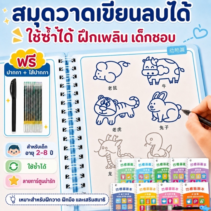 จัดส่งทันที ชุดสมุดฝึกวาดภาพ 8 เล่ม สำหรับเด็ก 3-8 ปี ฝึกวาดเส้น ฝึกสมาธิ ฝึกกล้ามเนื้อมือ ใช้ซ้ำได้ ของเล่นเสริมทักษะ