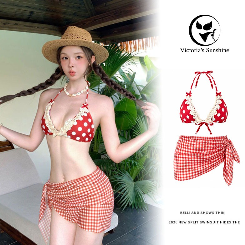 ส่งไวจากไทย ชุดว่ายน้ําบิกินี่ bikini บิกินี่ลายสก็อตสีแดง เว้าหลัง รุ่นใหม่#1203