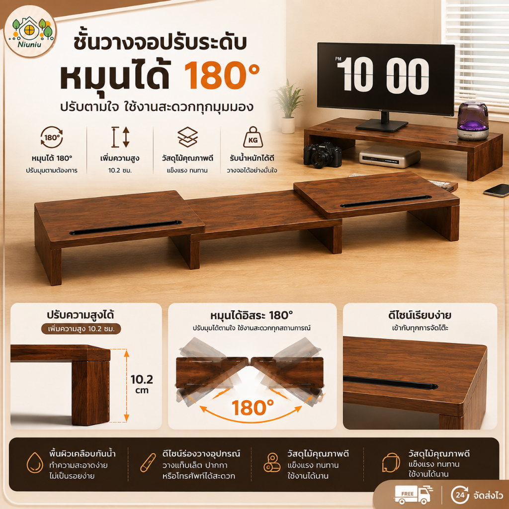 [พร้อมส่ง] ชั้นวางจอคอมพิวเตอร์ แท่นวางจอคอมพิวเตอร์ไม้ ลายสวย จัดระเบียบโต๊ะทำงาน รองรับ 2 จอ ประหยัดพื้นที่ เพิ่มระดับ