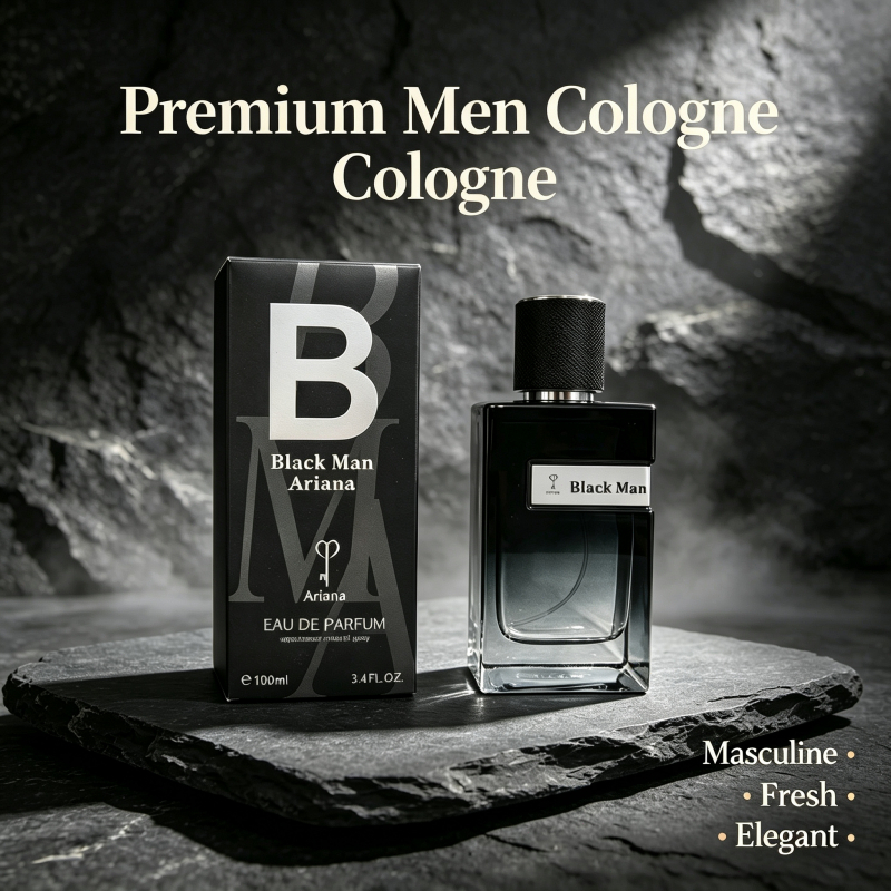 Ariana Black Man Eau De Parfum 100ml, Square transparent bottle with black gradient inner liquid, textured matte black c