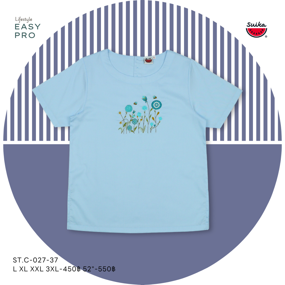 เสื้อแตงโม (SUIKA) - คอปาดผ้าคอตตอนมัสลินญี่ปุ่นแขนสั้น ลายปักดอกไม้ (ST.C-027 029) — صورة 3