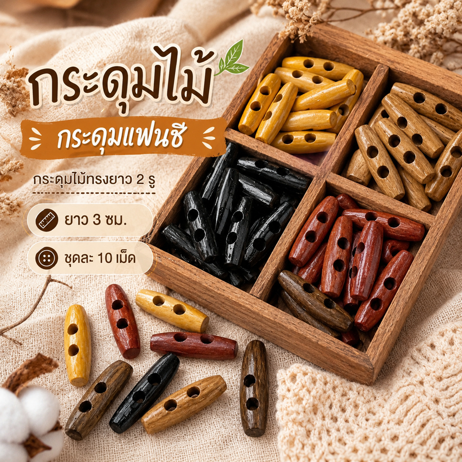 กระดุมไม้ กระดุมแฟนซี กระดุมไม้ทรงยาว 2 รู ยาว 3 ซม.ชุดละ 10เม็ด มี 5 สี