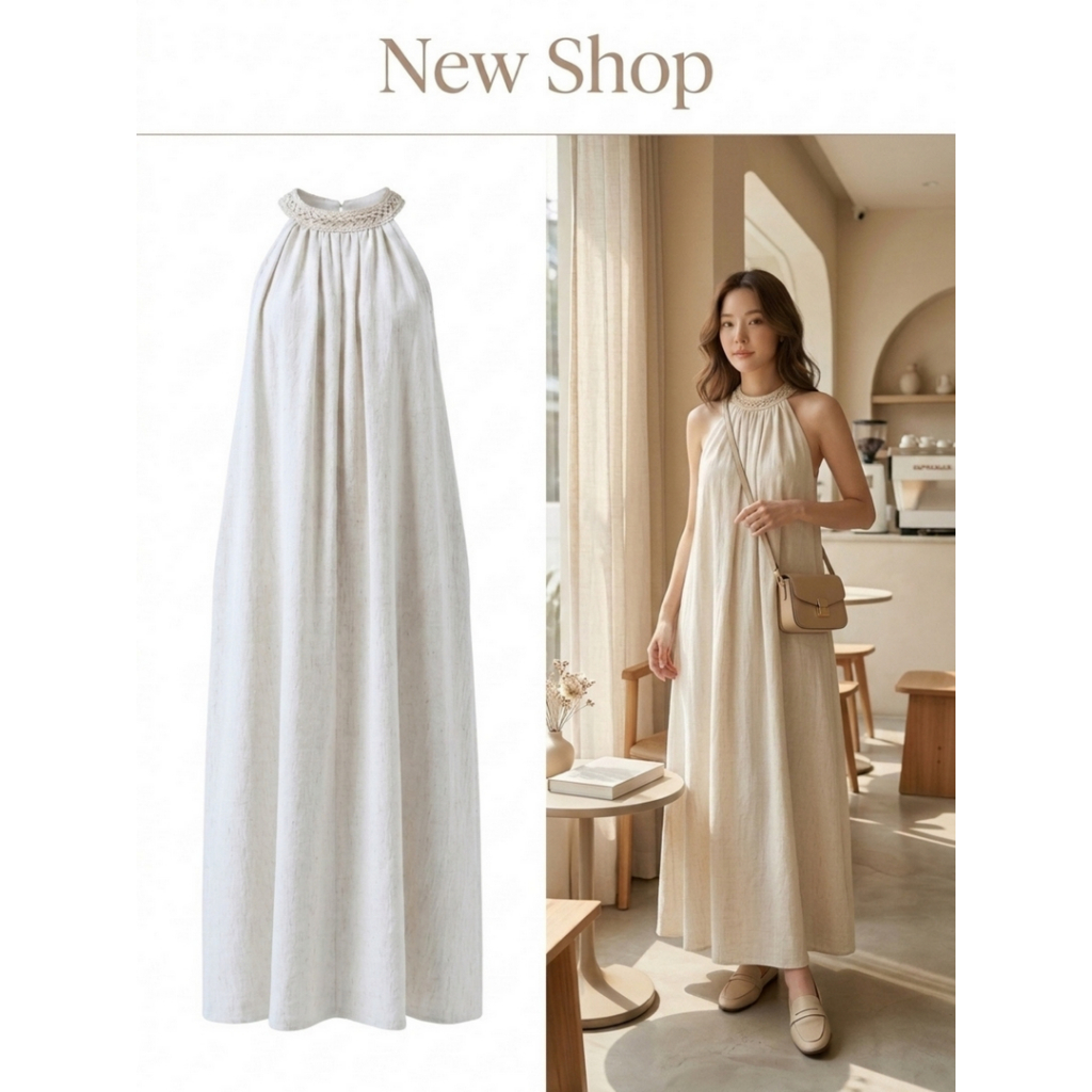 ชุดเดรสยาว แขนกุด คอถัก ตะขอหลัง มี 2 สี ขาว/ครีม